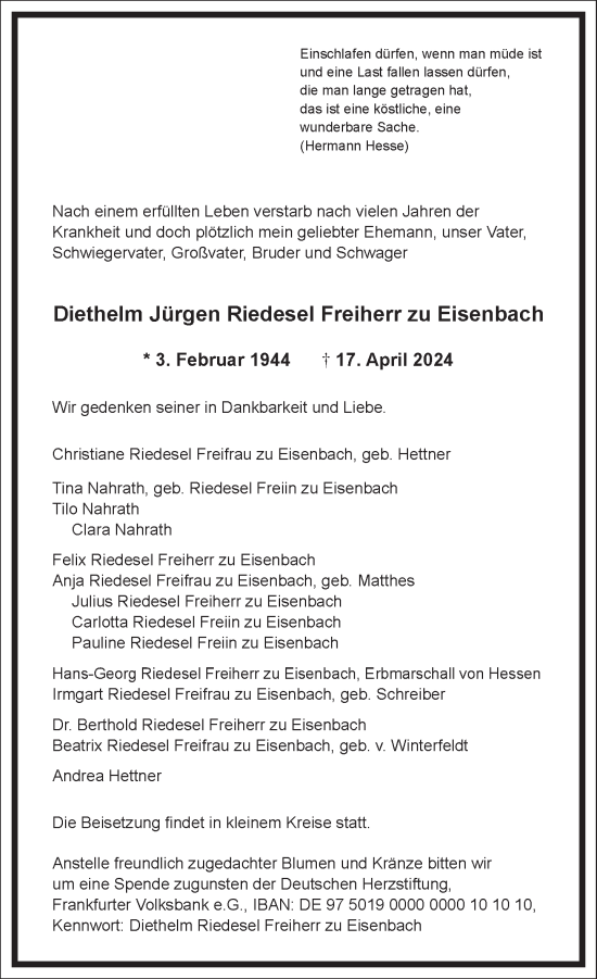 Traueranzeige von Diethelm Jürgen Riedesel Freiherr zu Eisenbach von Frankfurter Allgemeine Zeitung