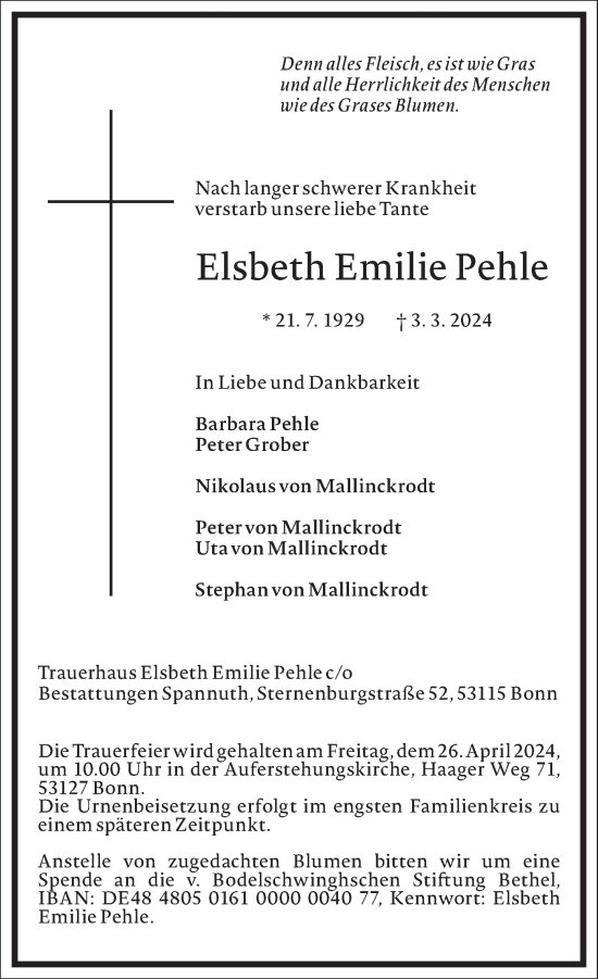 Traueranzeige von Elsbeth Emilie Pehle von Frankfurter Allgemeine Zeitung