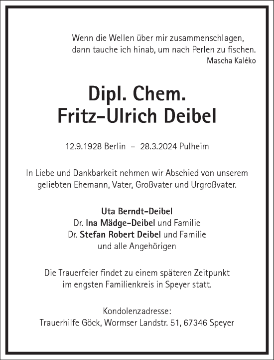 Traueranzeige von Fritz-Ulrich Deibel von Frankfurter Allgemeine Zeitung