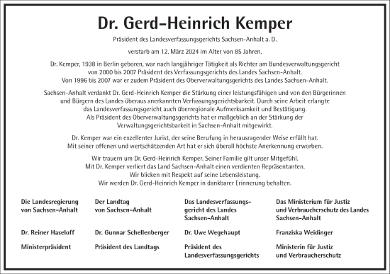 Traueranzeige von Gerd-Heinrich Kemper von Frankfurter Allgemeine Zeitung