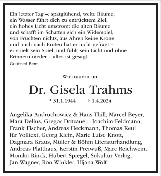 Traueranzeige von Gisela Trahms von Frankfurter Allgemeine Zeitung