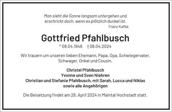 Traueranzeige von Gottfried Pfahlbusch von Frankfurter Allgemeine Zeitung