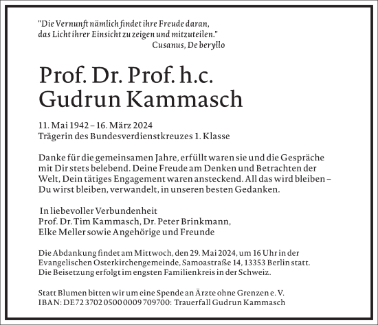 Traueranzeige von Gudrun Kammasch von Frankfurter Allgemeine Zeitung