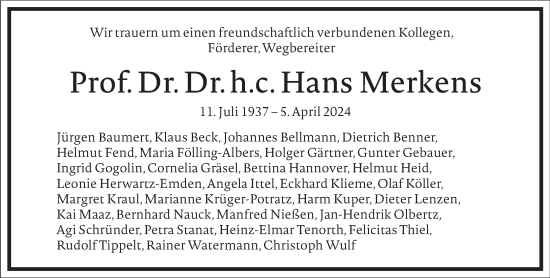 Traueranzeige von Hans Merkens von Frankfurter Allgemeine Zeitung