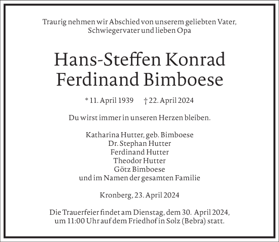 Traueranzeige von Hans-Steffen Konrad Ferdinand Bimboese von Frankfurter Allgemeine Zeitung