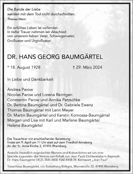 Traueranzeige von Hans Georg Baumgärtel von Frankfurter Allgemeine Zeitung