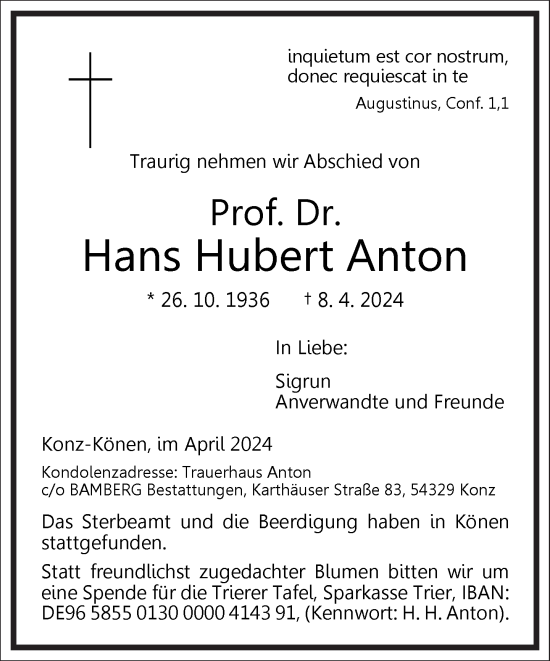 Traueranzeige von Hans Hubert Anton von Frankfurter Allgemeine Zeitung