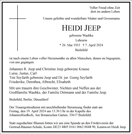 Traueranzeige von Heidi Jeep von Frankfurter Allgemeine Zeitung