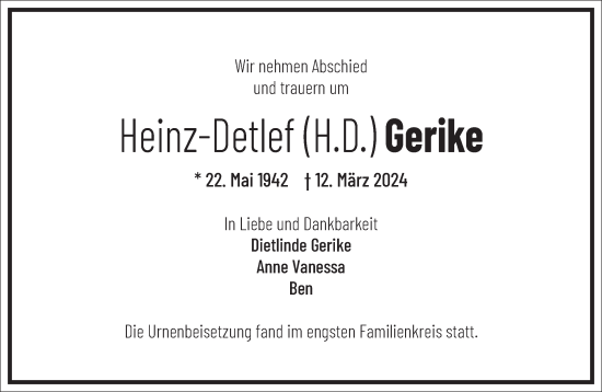 Traueranzeige von Heinz Detlef Gerike von Frankfurter Allgemeine Zeitung