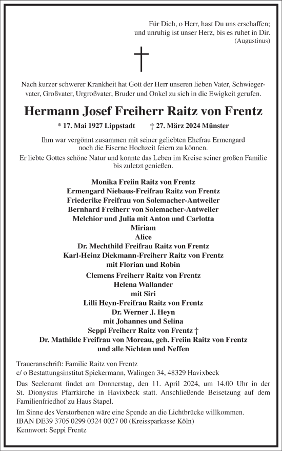Traueranzeige von Hermann Josef Freiherr Raitz von Frentz von Frankfurter Allgemeine Zeitung