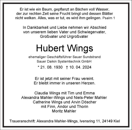 Traueranzeige von Hubert Wings von Frankfurter Allgemeine Zeitung