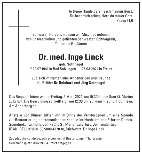 Traueranzeige von Inge Linck von Frankfurter Allgemeine Zeitung