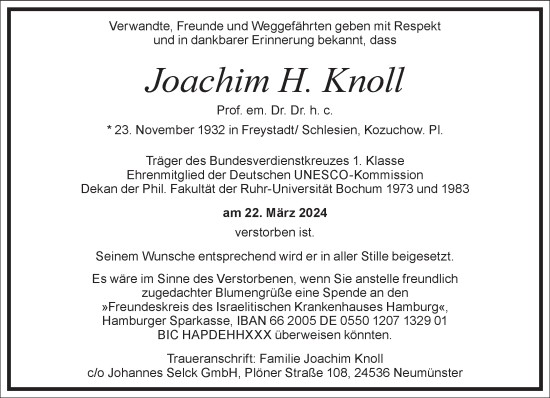 Traueranzeige von Joachim H. Knoll von Frankfurter Allgemeine Zeitung