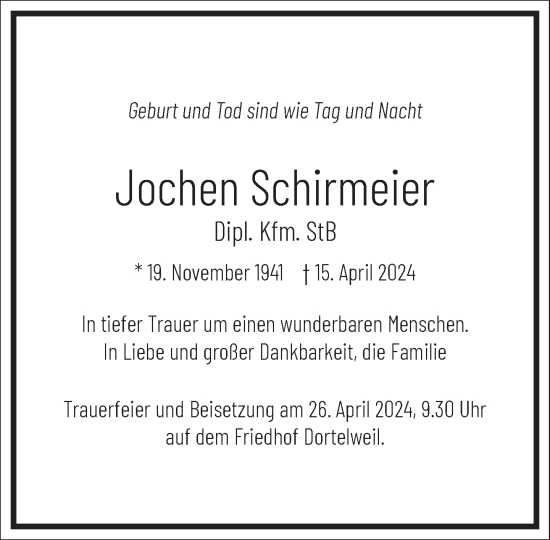 Traueranzeige von Jochen Schirmeier von Frankfurter Allgemeine Zeitung