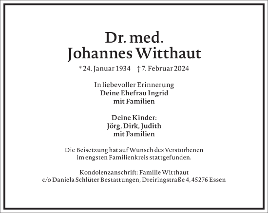 Traueranzeige von Johannes Witthaut von Frankfurter Allgemeine Zeitung