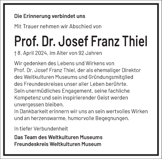 Traueranzeige von Josef Franz Thiel von Frankfurter Allgemeine Zeitung