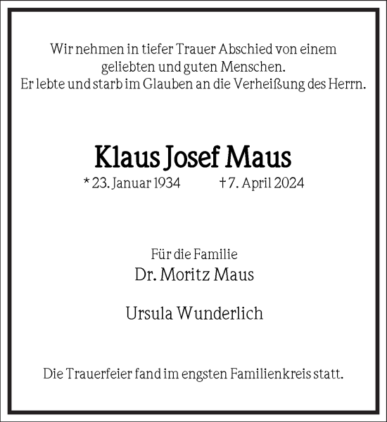 Traueranzeige von Klaus Josef Maus von Frankfurter Allgemeine Zeitung