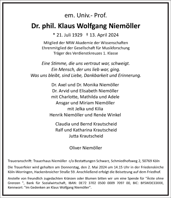 Traueranzeige von Klaus Wolfgang Niemöller von Frankfurter Allgemeine Zeitung