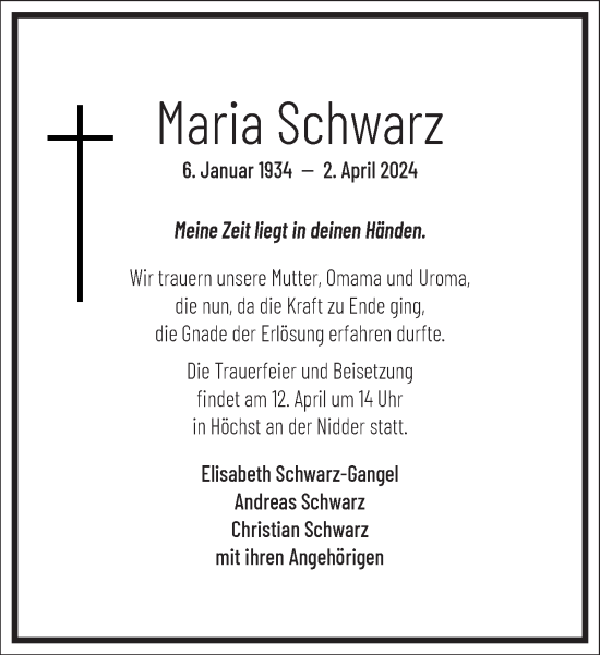 Traueranzeige von Maria Schwarz von Frankfurter Allgemeine Zeitung
