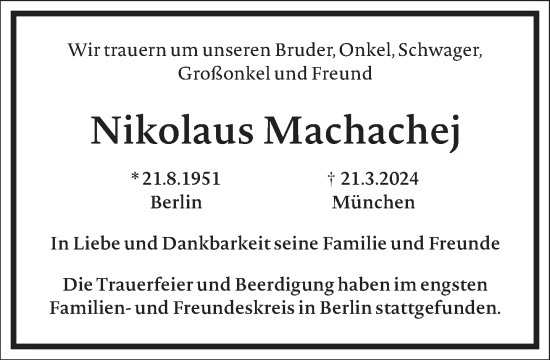 Traueranzeige von Nikolaus Machachej von Frankfurter Allgemeine Zeitung