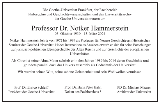 Traueranzeige von Notker Hammerstein von Frankfurter Allgemeine Zeitung