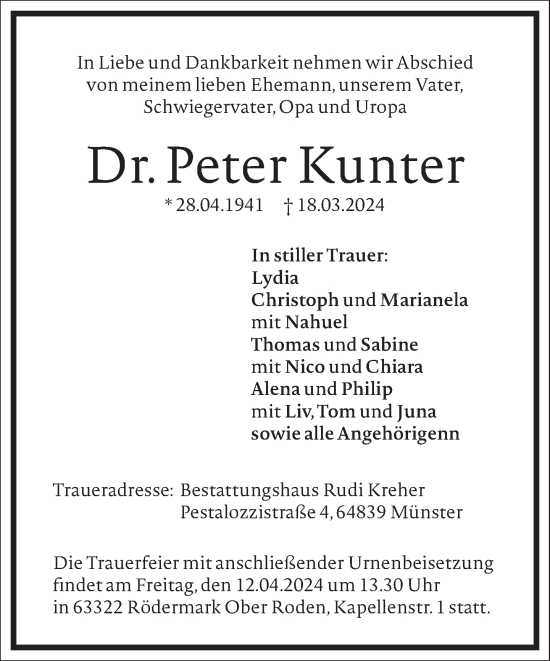 Traueranzeige von Peter Kunter von Frankfurter Allgemeine Zeitung