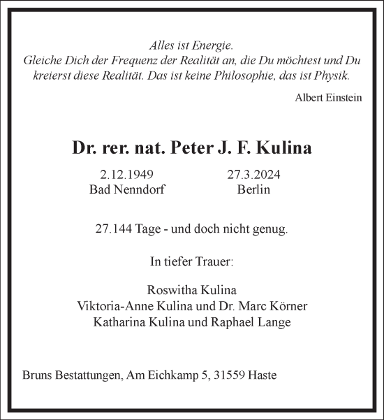 Traueranzeige von Peter J. F. Kulina von Frankfurter Allgemeine Zeitung