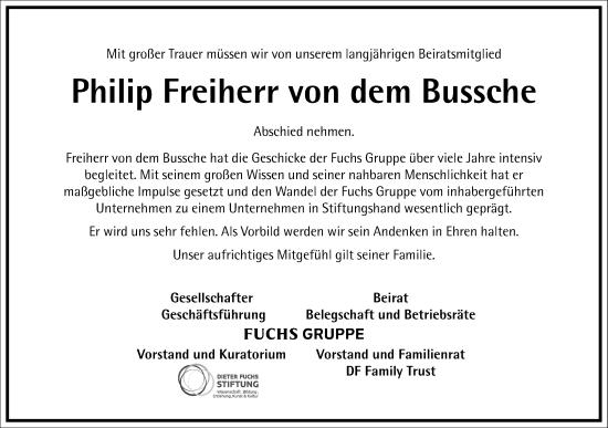 Traueranzeige von Philip Freiherr von dem Bussche von Frankfurter Allgemeine Zeitung