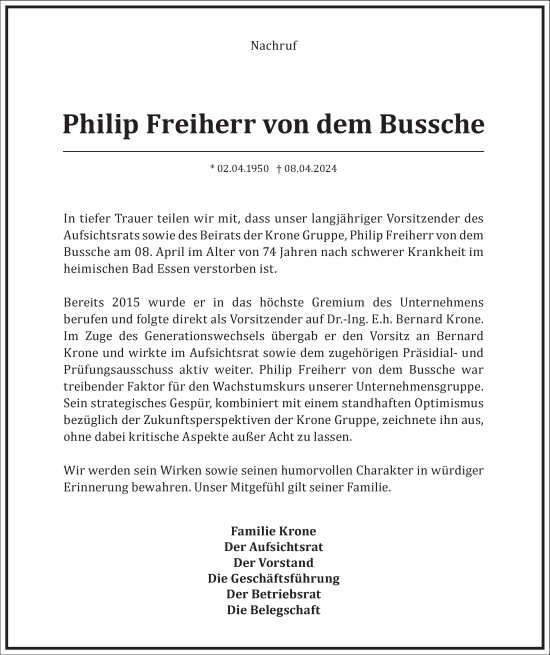 Traueranzeige von Philip Freiherr von dem Bussche von Frankfurter Allgemeine Zeitung