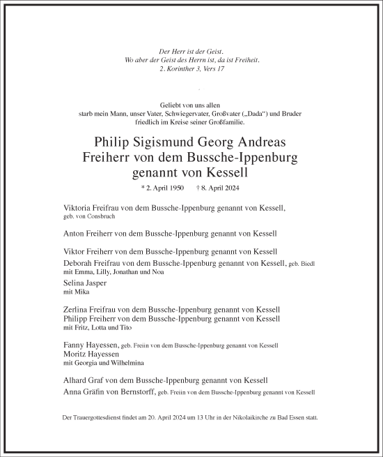 Traueranzeige von Philip Sigismund Georg Andreas Freiherr von dem Bussche-Ippenburg von Frankfurter Allgemeine Zeitung