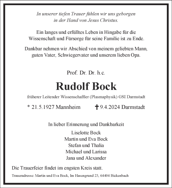 Traueranzeige von Rudolf Bock von Frankfurter Allgemeine Zeitung