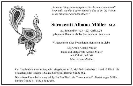 Traueranzeige von Saraswati Albano-Müller von Frankfurter Allgemeine Zeitung