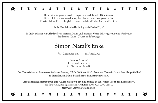 Traueranzeige von Simon Natalis Enke von Frankfurter Allgemeine Zeitung