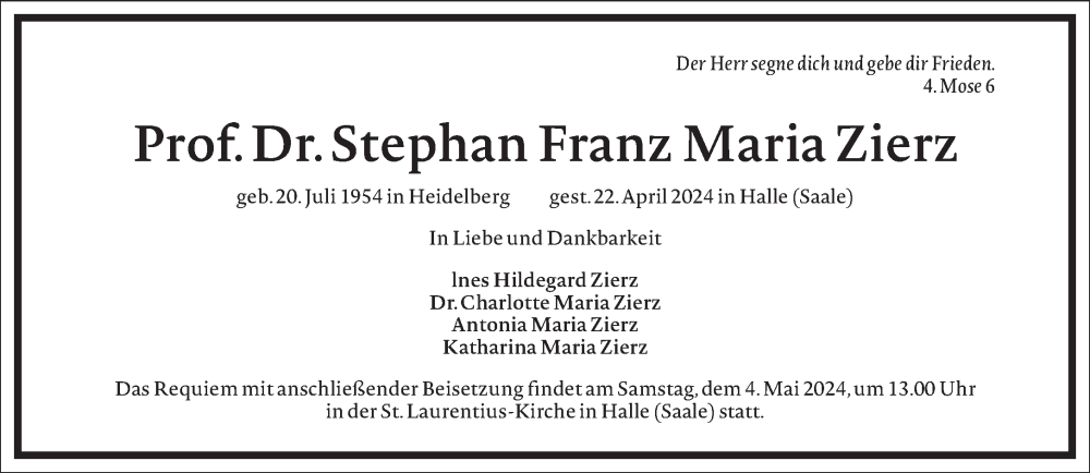  Traueranzeige für Stephan Franz Maria Zierz vom 27.04.2024 aus Frankfurter Allgemeine Zeitung