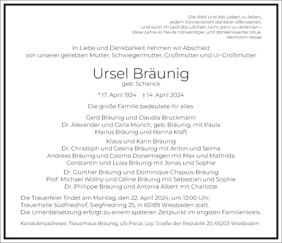 Traueranzeige von Ursel Bräunig von Frankfurter Allgemeine Zeitung