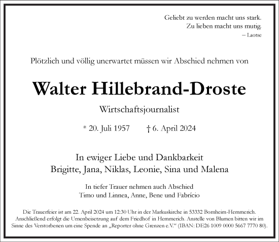 Traueranzeige von Walter Hillebrand-Droste von Frankfurter Allgemeine Zeitung