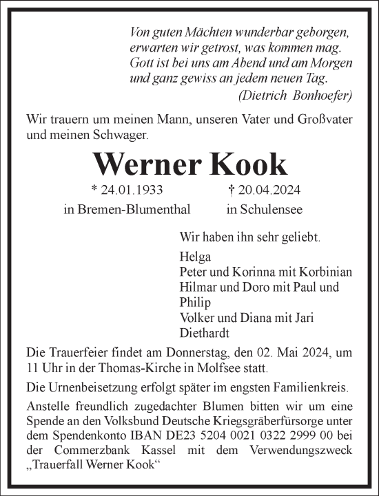 Traueranzeige von Werner Kook von Frankfurter Allgemeine Zeitung