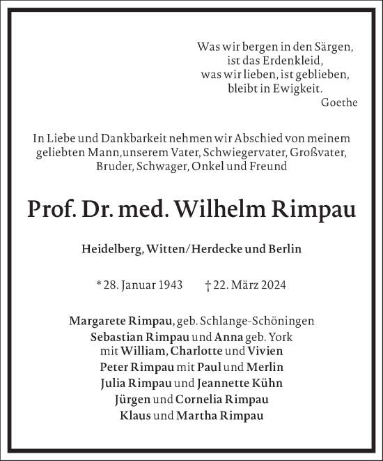 Traueranzeige von Wilhelm Rimpau von Frankfurter Allgemeine Zeitung