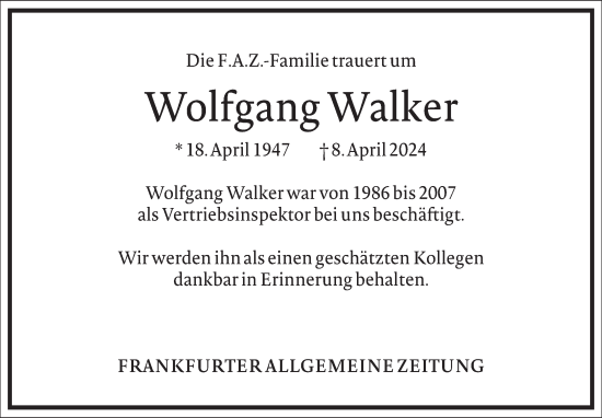 Traueranzeige von Wolfgang Walker von Frankfurter Allgemeine Zeitung