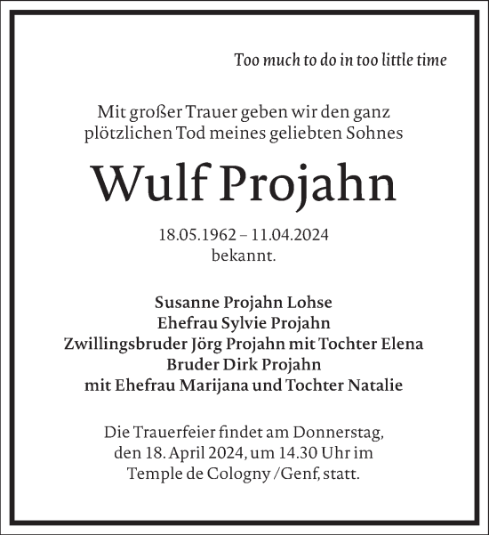Traueranzeige von Wulf Projahn von Frankfurter Allgemeine Zeitung