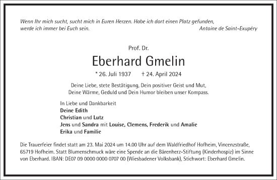 Traueranzeige von Eberhard Gmelin von Frankfurter Allgemeine Zeitung