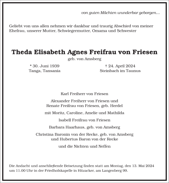 Traueranzeige von Theda Elisabeth Agnes Freifrau von Friesen von Frankfurter Allgemeine Zeitung