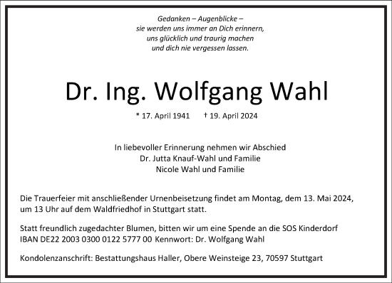 Traueranzeige von Wolfgang Wahl von FRANKFURTER ALLGEMEINE ZEITUNG