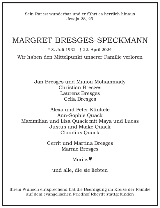 Traueranzeige von Margret  Bresges-Speckmann von Frankfurter Allgemeine Zeitung