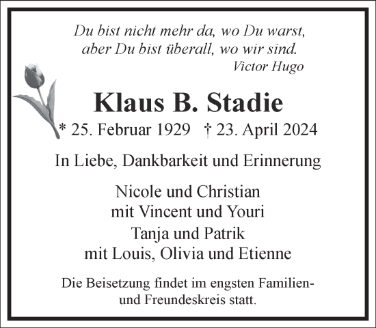 Traueranzeige von Klaus B. Stadie von Frankfurter Allgemeine Zeitung