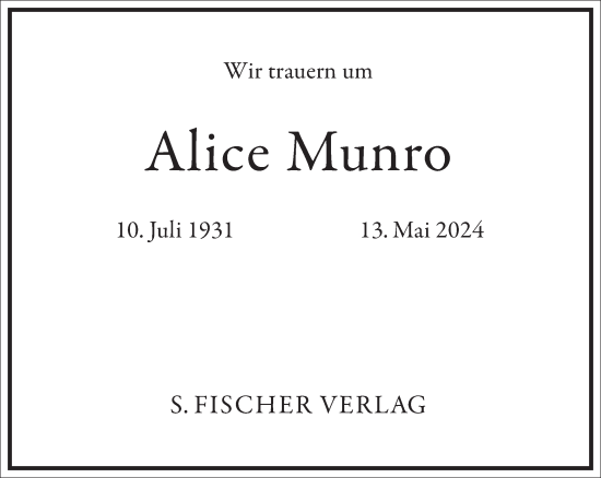 Traueranzeige von Alice Munro von Frankfurter Allgemeine Zeitung