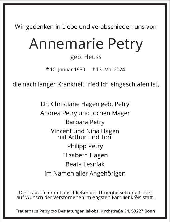 Traueranzeige von Annemarie Petry von Frankfurter Allgemeine Zeitung