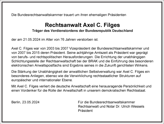 Traueranzeige von Axel Filges von Frankfurter Allgemeine Zeitung