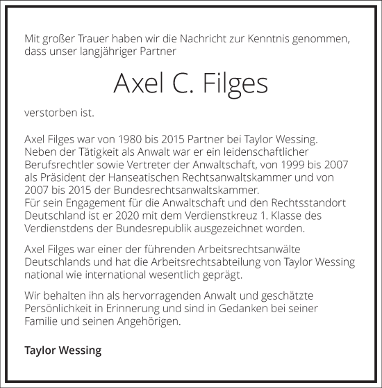 Traueranzeige von Axel  Filges von Frankfurter Allgemeine Zeitung