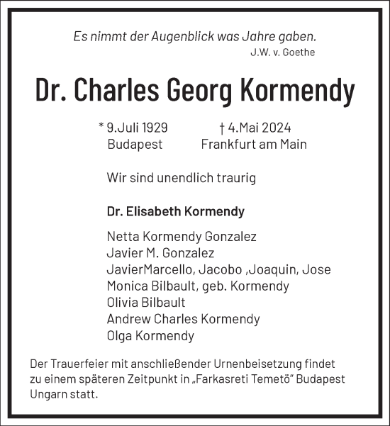 Traueranzeige von Charles Georg Kormendy von Frankfurter Allgemeine Zeitung